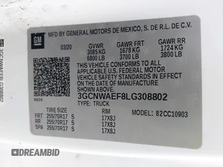2020 Chevrolet Silverado 1500 Work Truck with VIN 3GCNWAEF8LG308802, listed as a IAAI auction lot 41090222 with 144,193 mi miles and . Bid and sale history available at DreamBid. Image 9.