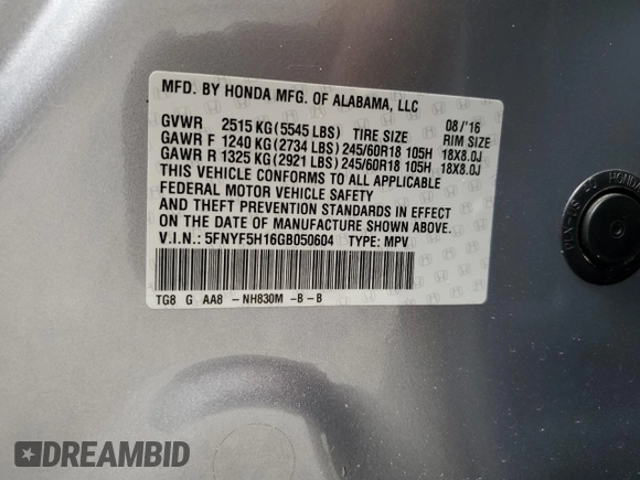 2016 Honda Pilot LX with VIN 5FNYF5H16GB050604, listed as a Copart auction lot 51581805 with 110,940 mi miles and Non Repairable. Bid and sale history available at DreamBid. Image 16.