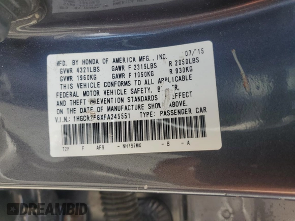 2015 Honda Accord EX-L с VIN 1HGCR2F8XFA245551, выставлен на аукционе Copart как лот 56906375 с пробегом 104 125 миль миль и Списание • Salvage title. История ставок и продаж доступна на DreamBid. Изображение 12.