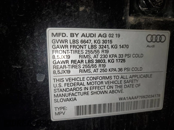 2019 Audi Q7 Premium with VIN WA1AAAF79KD034178, listed as a Copart auction lot 42302375 with 105,163 mi miles and Salvage title. Bid and sale history available at DreamBid. Image 13.