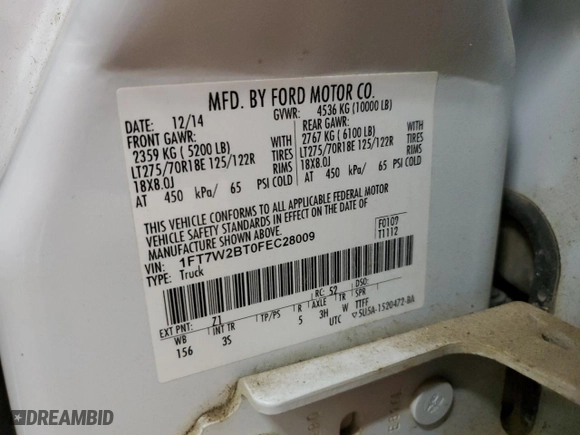 2015 Ford Super Duty F-250 SRW Lariat with VIN 1FT7W2BT0FEC28009, listed as a Copart auction lot 49312845 with 258,736 mi miles and Salvage Title. Bid and sale history available at carsss.com. Image 12.