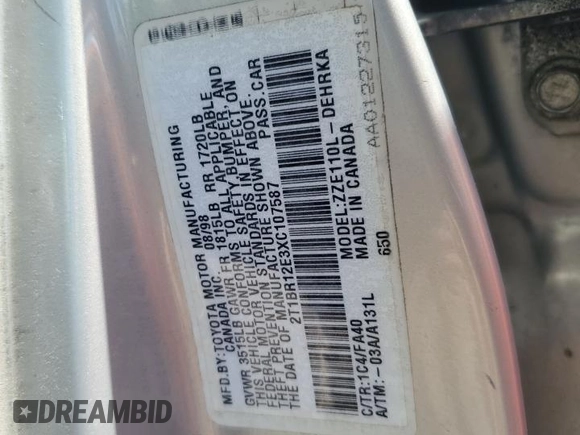 1999 Toyota Corolla VE z VIN 2T1BR12E3XC107587, wystawiony jako Copart lot #62314265 z przebiegiem 143 734 mil mil oraz Szkoda całkowita • Salvage title. Historia ofert i sprzedaży dostępna na DreamBid. Obrazek 12.