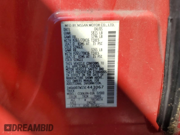 2005 Nissan Frontier LE with VIN 1N6AD07W15C443067, listed as a Copart auction lot 57390495 with 128,956 mi miles and Clean title. Bid and sale history available at DreamBid. Image 12.