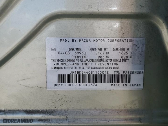2008 Mazda Mazda3 s Grand Touring with VIN JM1BK344081155042, listed as a Copart auction lot 63564674 with 123,187 mi miles and Salvage Title. Bid and sale history available at carsss.com. Image 12.
