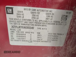 2010 GMC Terrain SLT-2 z VIN 2CTFLJEYXA6383349, wystawiony jako IAAI lot #41875588 z przebiegiem 156 310 mil mil oraz . Historia ofert i sprzedaży dostępna na DreamBid. Obrazek 9.