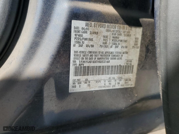 2001 Ford Escape XLS with VIN 1FMYU01BX1KB53168, listed as a Copart auction lot 76547834 with 71,025 mi miles and Salvage Title. Bid and sale history available at carsss.com. Image 14.