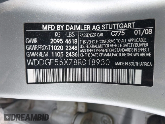 2008 Mercedes-Benz C 350 Sport with VIN WDDGF56X78R018930, listed as a IAAI auction lot 41964939 with 186,383 mi miles and . Bid and sale history available at DreamBid. Image 9.