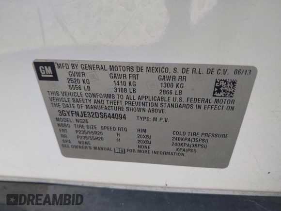 2013 Cadillac SRX Premium Collection with VIN 3GYFNJE32DS644094, listed as a IAAI auction lot 42513106 with 122,572 mi miles and . Bid and sale history available at DreamBid. Image 9.