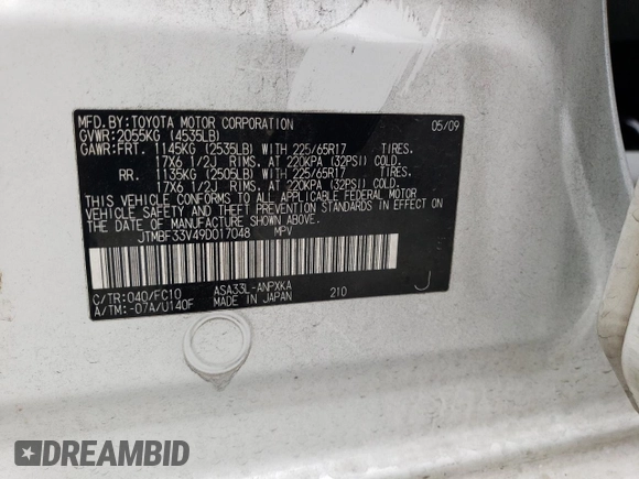 2009 Toyota RAV4 with VIN JTMBF33V49D017048, listed as a Copart auction lot 53561765 with 165,735 mi miles and Salvage Title. Bid and sale history available at carsss.com. Image 12.