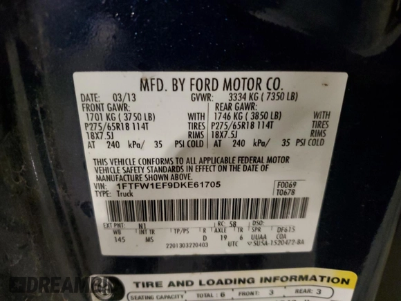 2013 Ford F-150 XL with VIN 1FTFW1EF9DKE61705, listed as a Copart auction lot 61339085 with 169,322 mi miles and Salvage title. Bid and sale history available at DreamBid. Image 12.