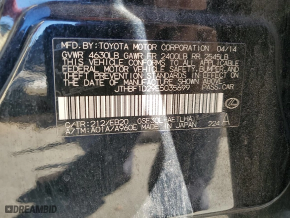 2014 Lexus IS 250 with VIN JTHBF1D29E5035699, listed as a Copart auction lot 80677014 with 121,432 mi miles and Salvage Title. Bid and sale history available at carsss.com. Image 14.