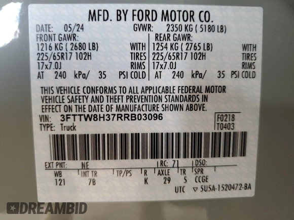 2024 Ford Maverick XLT with VIN 3FTTW8H37RRB03096, listed as a Copart auction lot 59818565 with 7,535 mi miles and Salvage title. Bid and sale history available at DreamBid. Image 12.