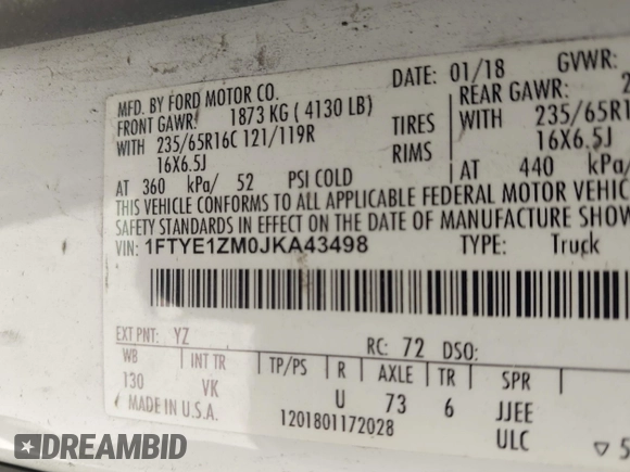 2018 Ford Transit with VIN 1FTYE1ZM0JKA43498, listed as a IAAI auction lot 42514847 with 131,539 mi miles and . Bid and sale history available at DreamBid. Image 9.