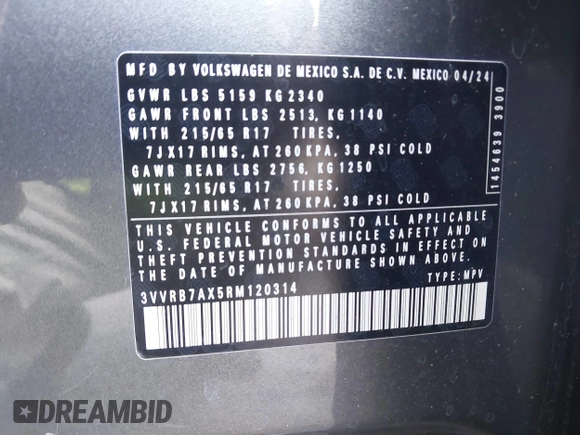 2024 Volkswagen Tiguan S с VIN 3VVRB7AX5RM120314, выставлен на аукционе IAAI как лот 42016531 с пробегом 11 373 миль миль и . История ставок и продаж доступна на DreamBid. Изображение 9.