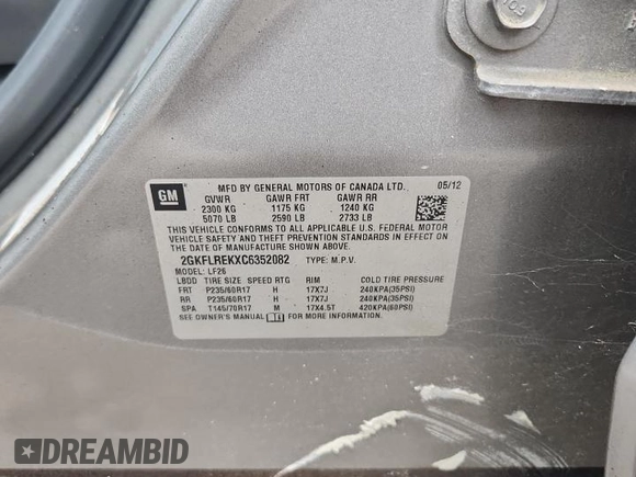 2012 GMC Terrain SLE-1 with VIN 2GKFLREKXC6352082, listed as a Copart auction lot 67064255 with 124,220 mi miles and Clean title. Bid and sale history available at DreamBid. Image 12.