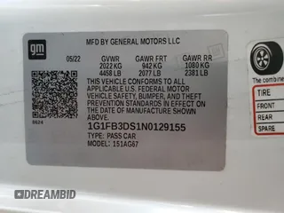 2022 Chevrolet Camaro 1LT with VIN 1G1FB3DS1N0129155, listed as a Copart auction lot 54380425 with 21,079 mi miles and Salvage Title. Bid and sale history available at carsss.com. Image 12.