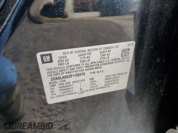 2015 Chevrolet Equinox LS with VIN 2GNALAEK3F1158378, listed as a Copart auction lot 45406525 with 177,868 mi miles and Salvage Title. Bid and sale history available at DreamBid. Image 12.