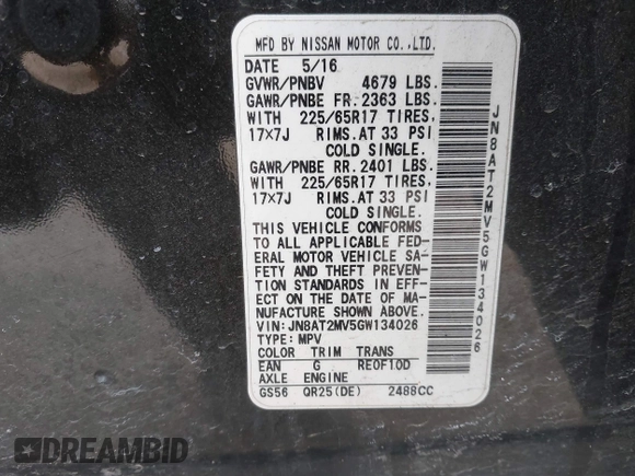 2016 Nissan Rogue S with VIN JN8AT2MV5GW134026, listed as a IAAI auction lot 41364492 with 118,069 mi miles and . Bid and sale history available at carsss.com. Image 9.
