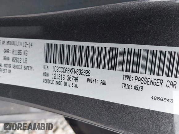 2015 Chrysler 200 Limited with VIN 1C3CCCABXFN632929, listed as a IAAI auction lot 42144192 with 140,917 mi miles. Bid and sale history available at carsss.com. Image 9.