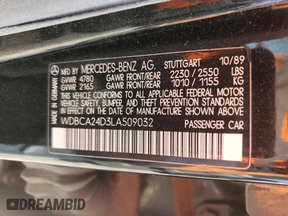 1990 Mercedes-Benz 300 with VIN WDBCA24D3LA509032, listed as a Copart auction lot 48485195 with 110,868 mi miles and Clean Title. Bid and sale history available at DreamBid. Image 12.