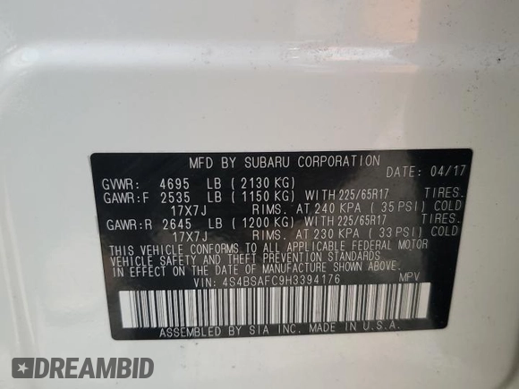 2017 Subaru Outback Premium with VIN 4S4BSAFC9H3394176, listed as a Copart auction lot 63486575 with 86,387 mi miles and Salvage title. Bid and sale history available at DreamBid. Image 13.
