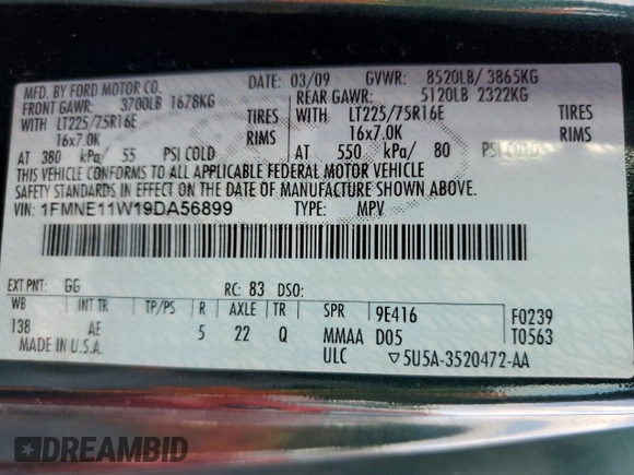 2009 Ford Econoline Passenger XL z VIN 1FMNE11W19DA56899, wystawiony jako Copart lot #76610224 z przebiegiem 144 111 mil mil oraz Szkoda całkowita • Salvage title. Historia ofert i sprzedaży dostępna na DreamBid. Obrazek 14.