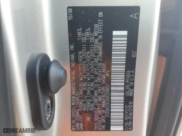 2009 Toyota Sienna CE with VIN 5TDZK23C59S258852, listed as a Copart auction lot 50496245 with 212,265 mi miles and Salvage Title. Bid and sale history available at carsss.com. Image 15.