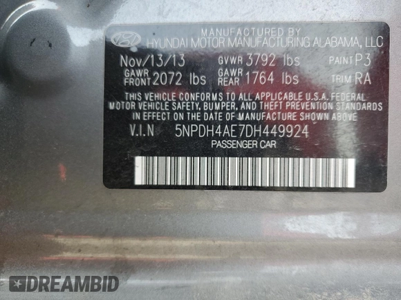 2013 Hyundai Elantra Limited with VIN 5NPDH4AE7DH449924, listed as a Copart auction lot 45911945 with 108,559 mi miles and Salvage Title. Bid and sale history available at DreamBid. Image 13.