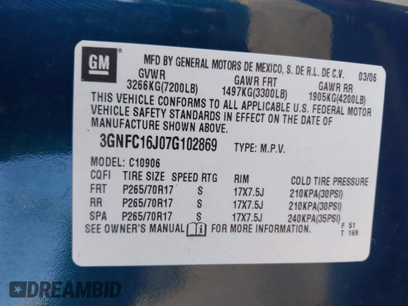 2007 Chevrolet Suburban LT with VIN 3GNFC16J07G102869, listed as a IAAI auction lot 41428031 with Not provided miles and . Bid and sale history available at DreamBid. Image 9.