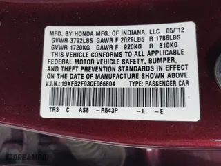 2012 Honda Civic Sdn EX-L with VIN 19XFB2F93CE066804, listed as a IAAI auction lot 41869172 with 59,700 mi miles. Bid and sale history available at carsss.com. Image 9.