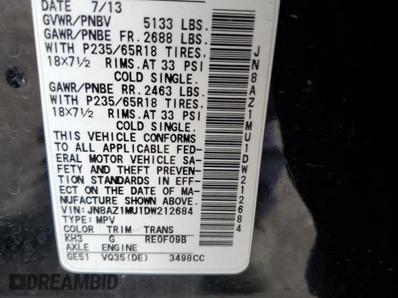 2013 Nissan Murano SL with VIN JN8AZ1MU1DW212684, listed as a Copart auction lot 68242904 with 146,306 mi miles and Salvage Title. Bid and sale history available at carsss.com. Image 15.