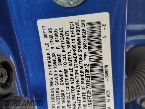 2017 Honda Civic EX z VIN 19XFC2F7XHE070612, wystawiony jako Copart lot #60177335 z przebiegiem 85 443 mil mil oraz Szkoda całkowita • Salvage title. Historia ofert i sprzedaży dostępna na DreamBid. Obrazek 12.