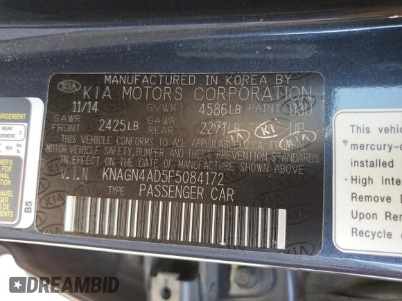 2015 Kia Optima EX with VIN KNAGN4AD5F5084172, listed as a Copart auction lot 57725355 with 155,472 mi miles and Clean title. Bid and sale history available at DreamBid. Image 12.