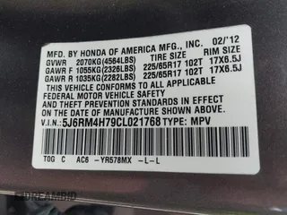 2012 Honda CR-V EX-L with VIN 5J6RM4H79CL021768, listed as a IAAI auction lot 42171357 with 123,103 mi miles and . Bid and sale history available at DreamBid. Image 9.
