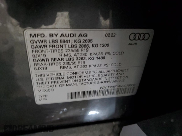 2022 Audi Q5 S line Prestige with VIN WA1F2AFY4N2075538, listed as a Copart auction lot 42304085 with 21,675 mi miles and Salvage Title. Bid and sale history available at carsss.com. Image 14.