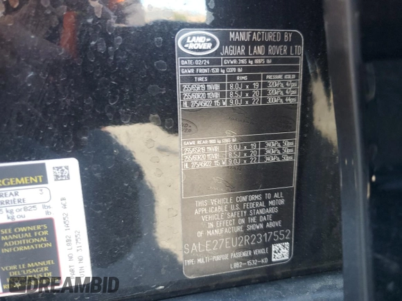2024 Land Rover Defender X-Dynamic SE z VIN SALE27EU2R2317552, wystawiony jako Copart lot #57918485 z przebiegiem 19 517 mil mil oraz Szkoda całkowita • Salvage title. Historia ofert i sprzedaży dostępna na DreamBid. Obrazek 13.