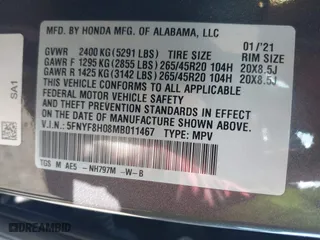 2021 Honda Passport Elite with VIN 5FNYF8H08MB011467, listed as a IAAI auction lot 41929708 with 34,106 mi miles. Bid and sale history available at carsss.com. Image 9.