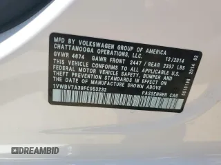 2015 Volkswagen Passat SE z VIN 1VWBV7A39FC053232, wystawiony jako Copart lot #60936005 z przebiegiem 24 801 mil mil oraz Szkoda całkowita • Salvage title. Historia ofert i sprzedaży dostępna na DreamBid. Obrazek 12.