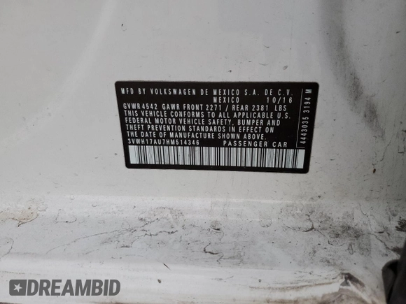 2017 Volkswagen Golf S с VIN 3VWH17AU7HM514346, выставлен на аукционе Copart как лот 85583424 с пробегом 114 859 миль миль и Списание • Salvage title. История ставок и продаж доступна на DreamBid. Изображение 14.