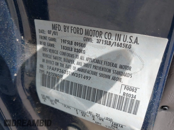 2001 Ford Focus SE with VIN 1FAFP36351W351497, listed as a IAAI auction lot 42079416 with 181,677 mi miles and . Bid and sale history available at carsss.com. Image 9.