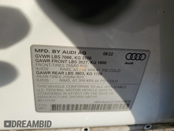 2022 Audi e-tron Premium z VIN WA1AAAGE7NB043670, wystawiony jako Copart lot #42147305 z przebiegiem 24 177 mil mil oraz Szkoda całkowita • Salvage title. Historia ofert i sprzedaży dostępna na DreamBid. Obrazek 13.
