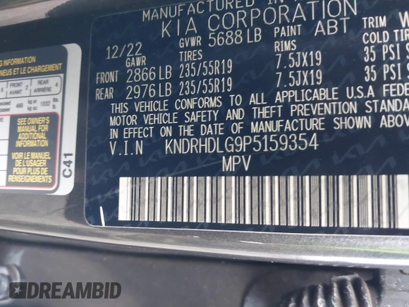 2023 Kia Sorento EX with VIN KNDRHDLG9P5159354, listed as a IAAI auction lot 42559220 with 34,733 mi miles and . Bid and sale history available at DreamBid. Image 9.