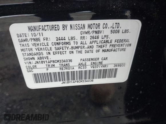 2012 Infiniti M with VIN JN1BY1AP8CM334036, listed as a IAAI auction lot 42354293 with 110,384 mi miles and . Bid and sale history available at DreamBid. Image 9.