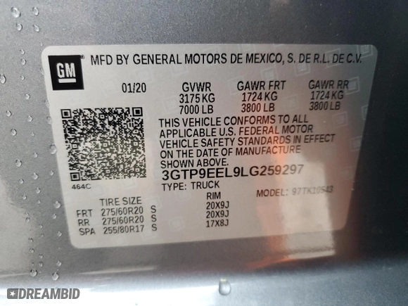 2020 GMC Sierra 1500 AT4 with VIN 3GTP9EEL9LG259297, listed as a Copart auction lot 48955795 with 50,025 mi miles and Salvage Title. Bid and sale history available at carsss.com. Image 12.