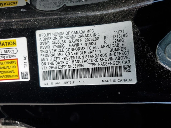 2022 Honda Civic Sedan LX with VIN 2HGFE2F21NH551994, listed as a Copart auction lot 86959354 with 36,426 mi miles and Non Repairable. Bid and sale history available at carsss.com. Image 14.
