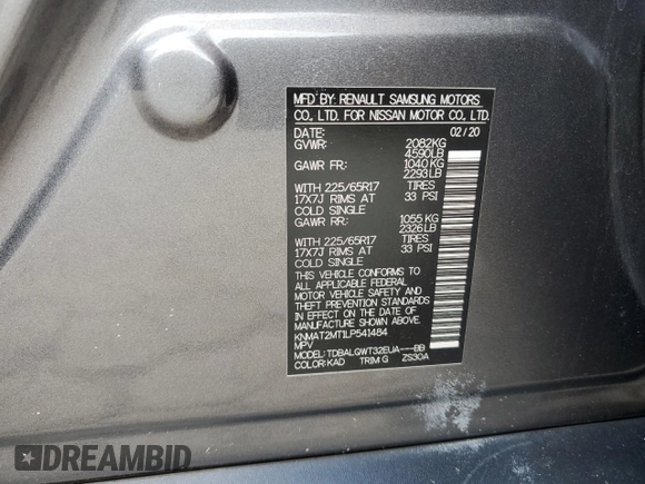 2020 Nissan Rogue SV with VIN KNMAT2MT1LP541484, listed as a Copart auction lot 59586485 with 113,060 mi miles and Salvage title. Bid and sale history available at DreamBid. Image 13.