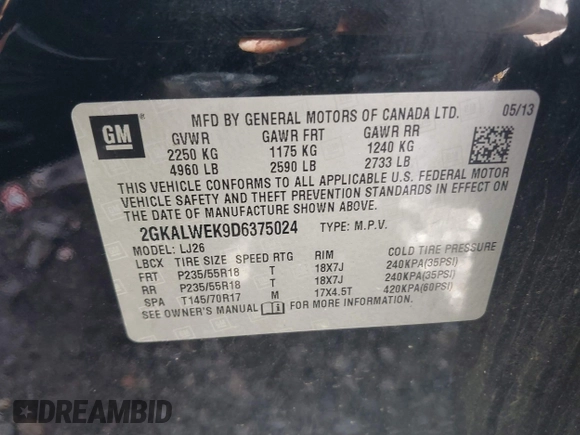 2013 GMC Terrain SLT with VIN 2GKALWEK9D6375024, listed as a IAAI auction lot 42237041 with 115,543 mi miles and . Bid and sale history available at DreamBid. Image 9.