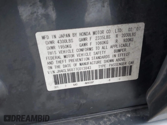 2007 Acura TSX with VIN JH4CL96877C013843, listed as a IAAI auction lot 41148910 with 154,974 mi miles and . Bid and sale history available at DreamBid. Image 9.