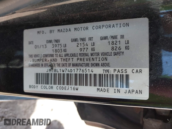 2013 Mazda 3 i Grand Touring with VIN JM1BL1W74D1776514, listed as a IAAI auction lot 42217127 with 120,594 mi miles and . Bid and sale history available at DreamBid. Image 9.