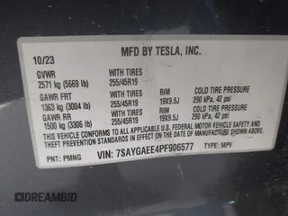 2023 Tesla Model Y Long Range with VIN 7SAYGAEE4PF906577, listed as a IAAI auction lot 42174987 with 13,260 mi miles and . Bid and sale history available at DreamBid. Image 9.